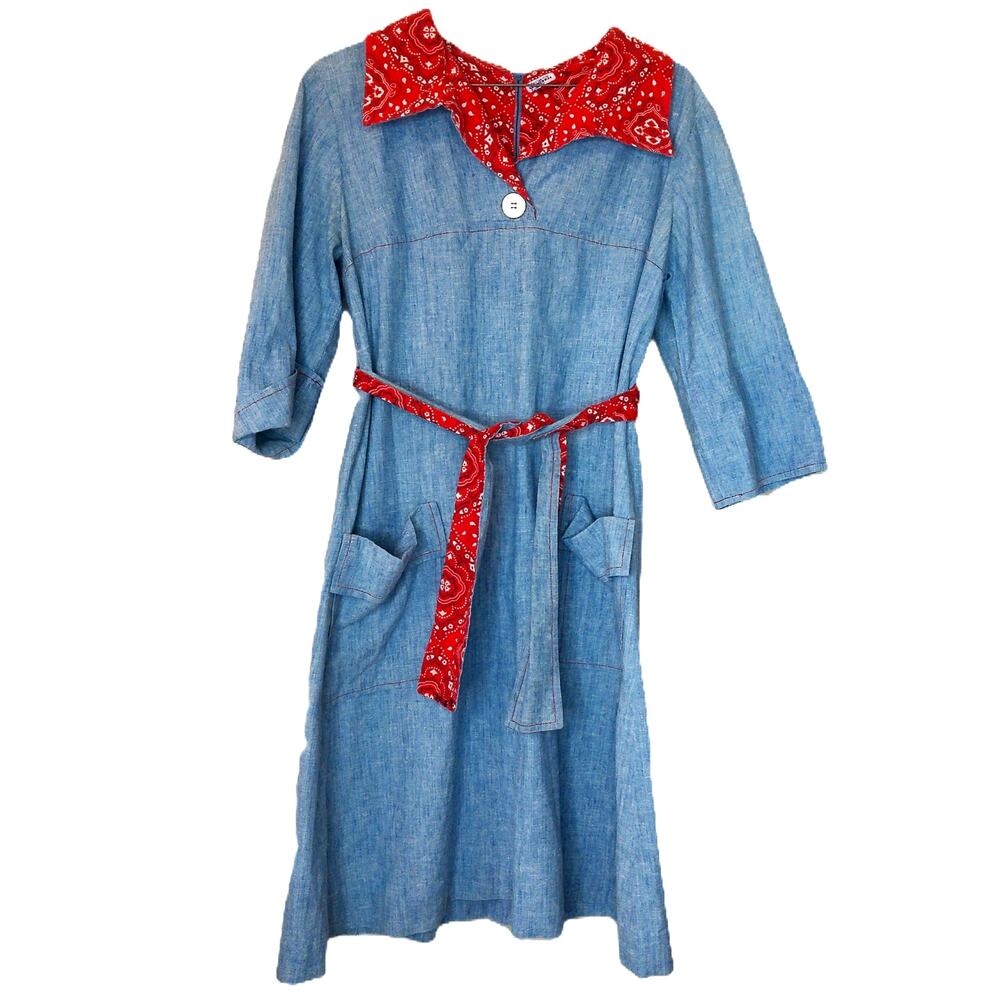 Vintage Blue Denim Look Dress Bandana Print Western Boho Costume LA - Picture 2 of 10